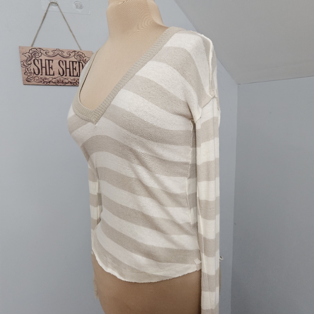 We The Free Sail Away Striped Long Waffle Knit Sleeve Top XS Beige White Neutral - Picture 7 of 16